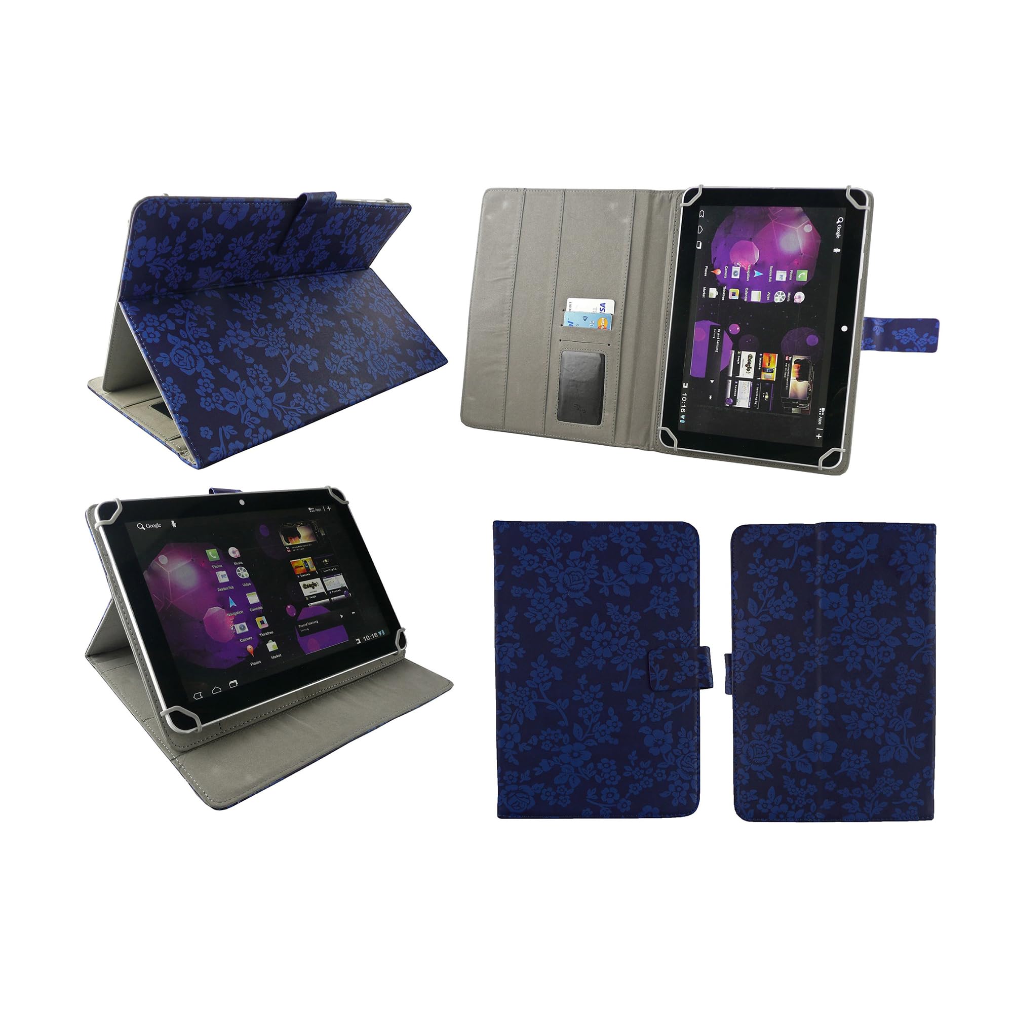 Emartbuy Universal 7-8.8 Inch Vintage Floral Blue Multi Angle Folio Wallet Case Cover With Card Slots and Stylus Pen Compatible With Selected Devices Listed Below