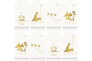 Whaline 120 Pcs Christmas Nativity Paper Gift Tags Blank Tags Gold Foil Christian Jesus Hanging Labels with Hemp Rope for Xma