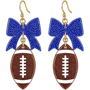 Football Earrings for Women, Acrylic Glitter Team Color Bow Dangle Earrings Game Day Outfits Football Mom Shirt Accessories,