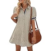 Wenrine Womens Summer Striped Mini Dresses Puff Short Sleeve Loose Fit Casual Button Collared Shirt Dress with Pockets