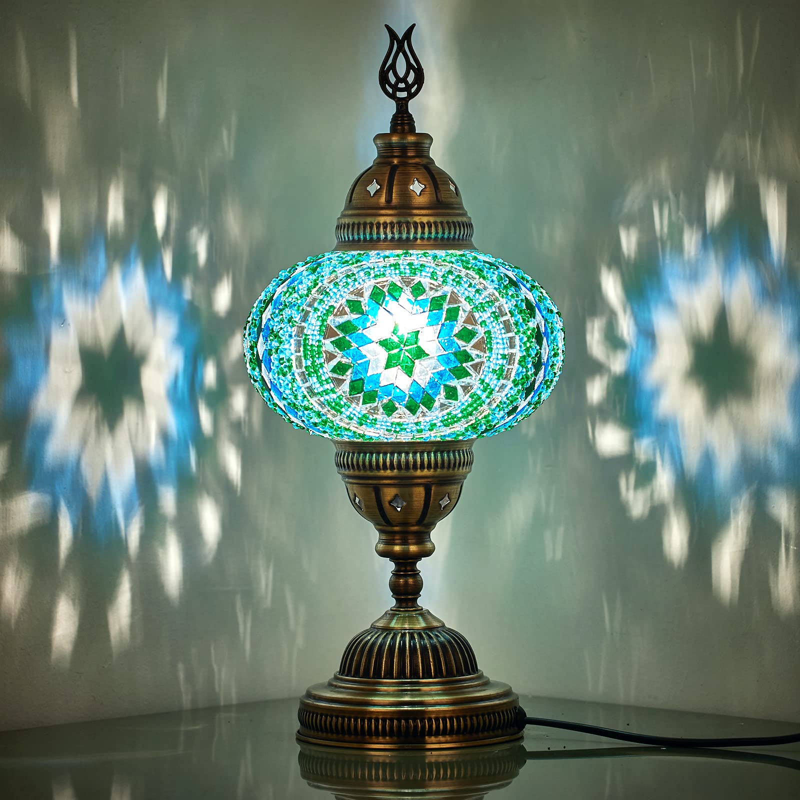 DEMMEX Turkish Moroccan Mosaic Table Bedside Desk Night Tiffany Colorful Lamp Light Lampshade for Bedroom, Living Room, Entryway, Office, Handmade Mosaic Glass Globe, 36cm, Turquoise Green Blue — image 1