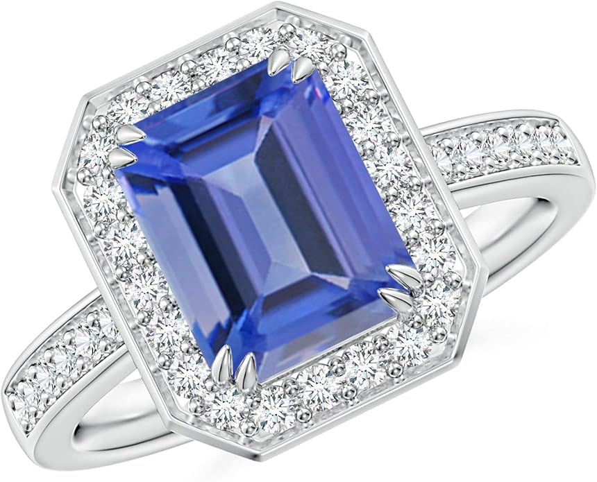 EmeraldCut Tanzanite Engagement Ring with Diamond Halo in Platinum