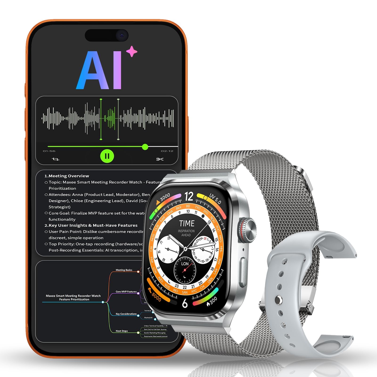 ai smart watch with voice recorder, transcribe & summarize with ai for meetings, app control, suppor