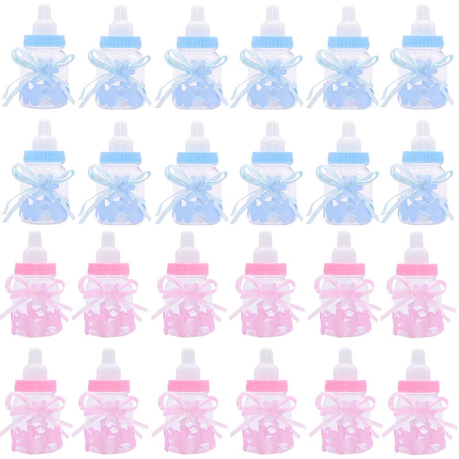 Candy Bottle Baby Shower, 24 pcs Mini Fillable Feeder Style Gift Box with Bear for Party Favors Supplies Boy Girl Newborn Infant Baptism Christening Birthday Decoration 9 x 4cm(12pcs Blue+12pcs Pink)