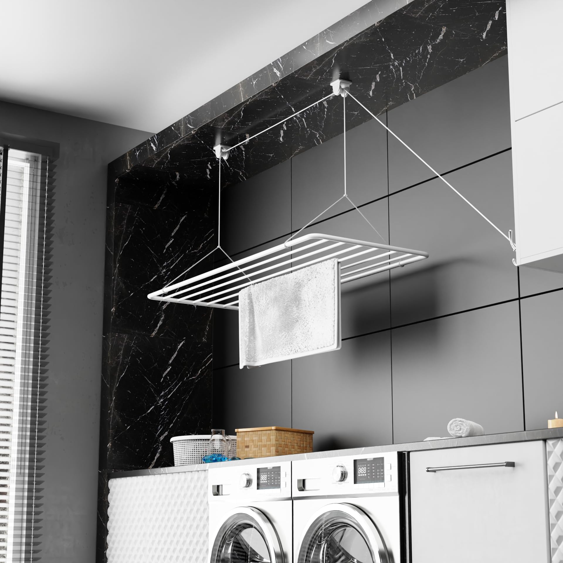 Erica Ceiling Airer 140x50cm - Ceiling Clothes Drying Rack - Laundry Hoist in White PVC-free Plastic Coated Steel - 100% Rustproof - 11.2 Meters of Drying Space - Hoistable 2.5m