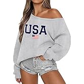 Lacozy USA Sweatshirt for Women Oversized Off the Shoulder Sweater Fleece Lined Long Sleeve Hoodie 4th of July Outfits