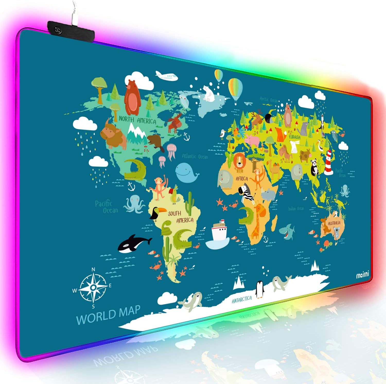 rnairni RGB Soft Gaming Mouse Pad Large, Oversized Glowing Led Extended Mousepad ，Non-Slip Rubber Base Computer Keyboard Pad Mat，31.5X 15.8in (Cartoon World Map)
