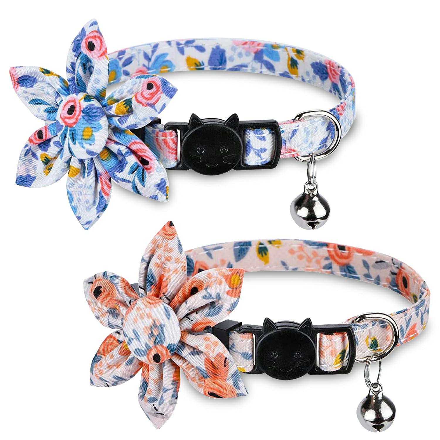 Breakaway Cat Collar with Bells - 2 Pack Collar with Bells, Cat Collars with Sunflower, Accessories for Pet Collars, Adjustable for Cats and Small Dogs (Pinkflower+Blueflower)