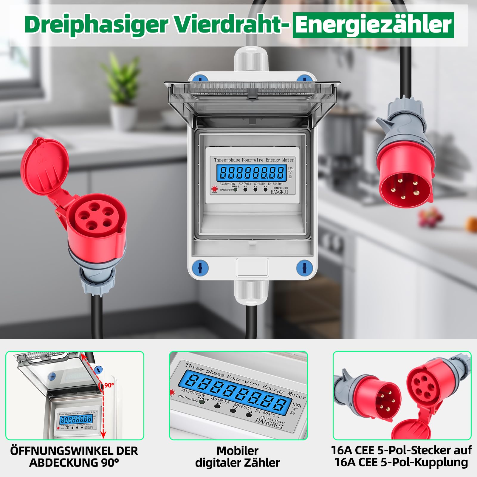 3 Phasen Mobiler Stromzähler, 16A 400V Mobiler Digitaler Stromzähler Mit CEE Stecker und Kupplung, Mobiler Digitalzähler Mit Mit Rückstellfunktion, 2m Kabel, IP68 Steckdosenadapter Zähler 3