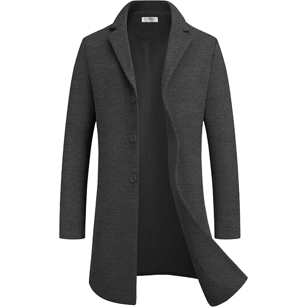 Tanming Mens Black Trench Coat Notched Lapel Single Breasted Long