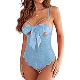 Donnalla Women Sexy Bodysuit Self Knot Front Floral Lace Teddy One Piece Babydoll Naughty Lingerie
