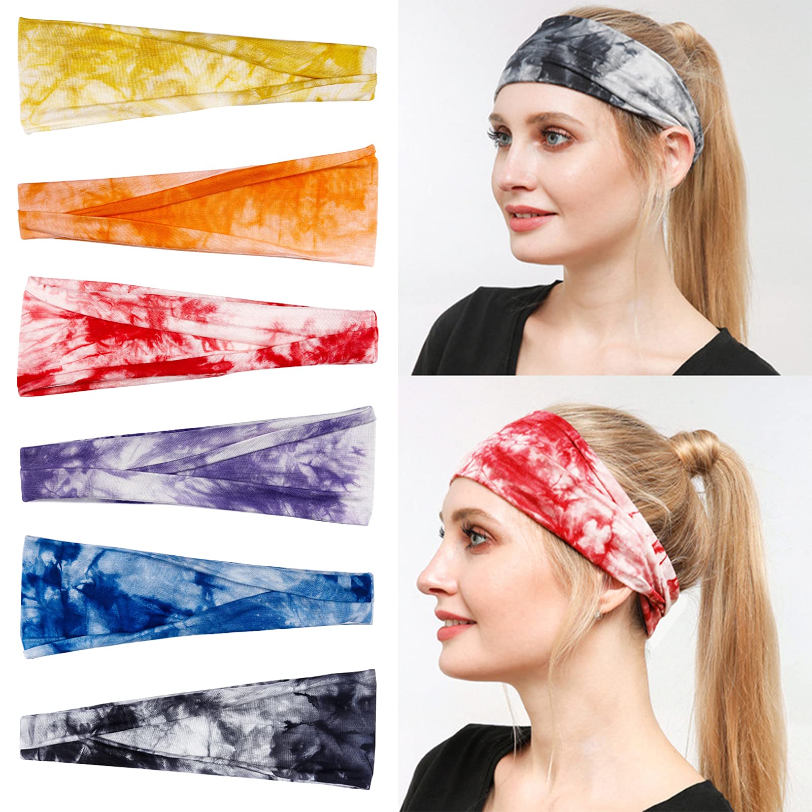 Tie Dye Headbands, ANGGO 6 Pcs Tie Dye Hair Band Elastic Non Slip Yoga Sports Running Headbands Head Scarf Workout Sweat Headbands Hairbands Head Wraps Hair Accessories for Women and Girls