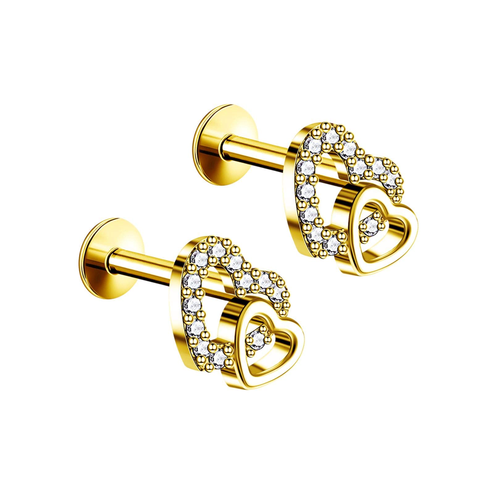 2pcs 16g 1/4 6mm Double Heart Clear Crystal Stud Earrings Tragus Cartilage Helix Piercing Jewelry Crystal Stainless Steel Steel Crystal Stainless Steel Crystal Stainless Steel, Crystal, Stainless