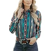 ChiyeeKiss Womens Aztec Pearl Snap Shirts Rodeo Western Show Tops Lapel Button Up Blouse Long Sleeve Cowgirl Tunic