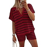 Tankaneo Womens 2 Piece Outfits Striped Knit Summer Sets V Neck Short Sleeve Tops and Shorts Lounge Matching Set