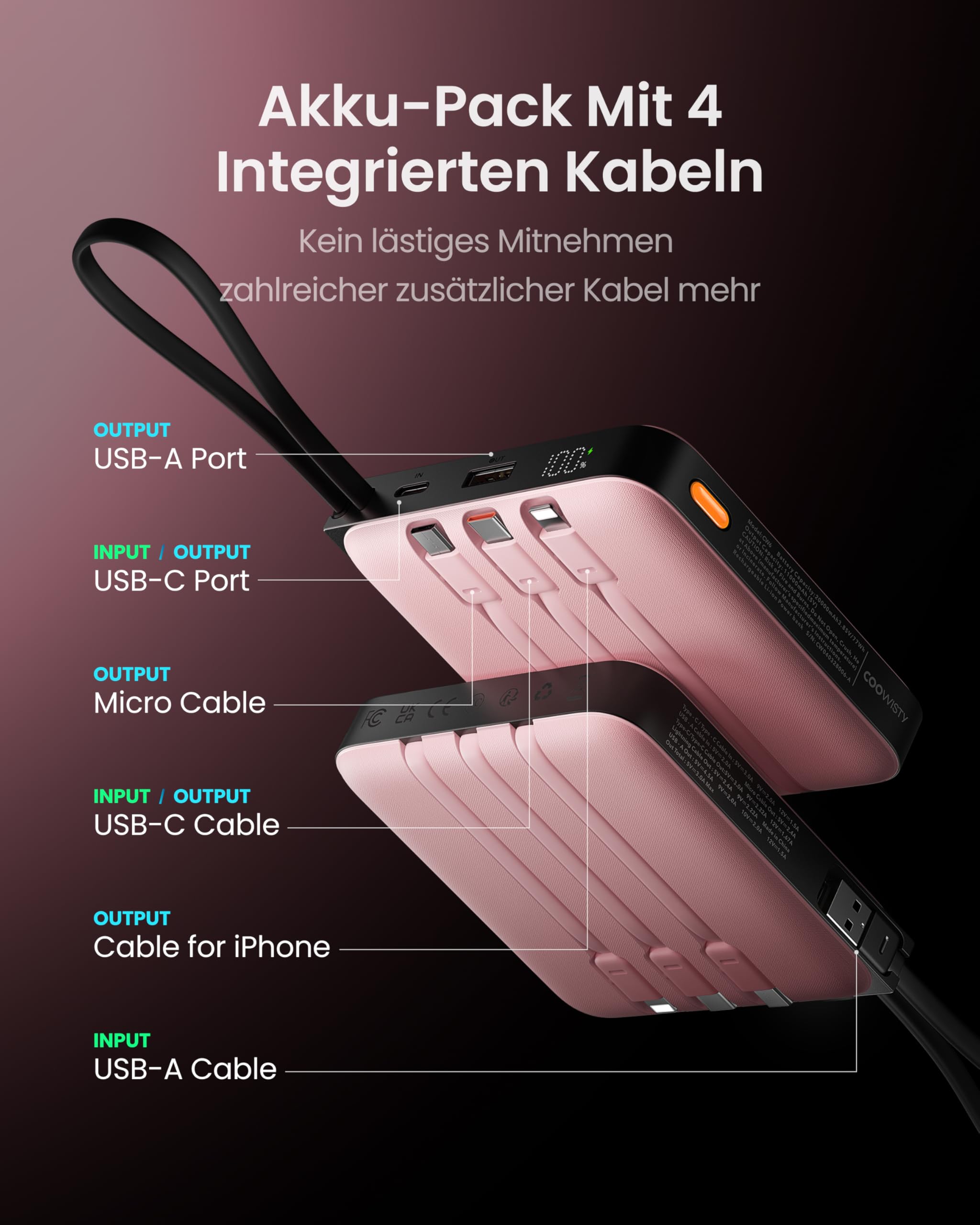 Coowisty Powerbank 22,5W Power Bank mit Kabel 20000mAh USB-C Schnellladung Klein Externe Handyakkus & LED-Display Mini Tragbares Ladegerät Kompatibel mit iPhone 17 16 15 Xiaomi Samsung iPad (Rosa) 3