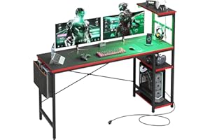 Bestier Gaming Desk with Power Outlets, 61 Inch Large Led Gamer Desk with 4 Tiers Reversible Shelves, PC Gaming Table with Headset Hook & Side Storage Bag for Bedroom (Black 3D Carbon Fiber)