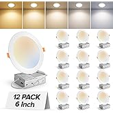 MAILCOS 12 Pack 6 Inch 5CCT Ultra-Thin LED Recessed Ceiling Light with Junction Box, 2700K-5000K Selectable, 1050LM High Brightness, Dimmable Canless Wafer Downlight, 12W 120V, ETL