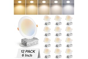MAILCOS 12 Pack 6 Inch 5CCT Ultra-Thin LED Recessed Ceiling Light with Junction Box, 2700K-5000K Selectable, 1050LM High Brightness, Dimmable Canless Wafer Downlight, 12W 120V, ETL