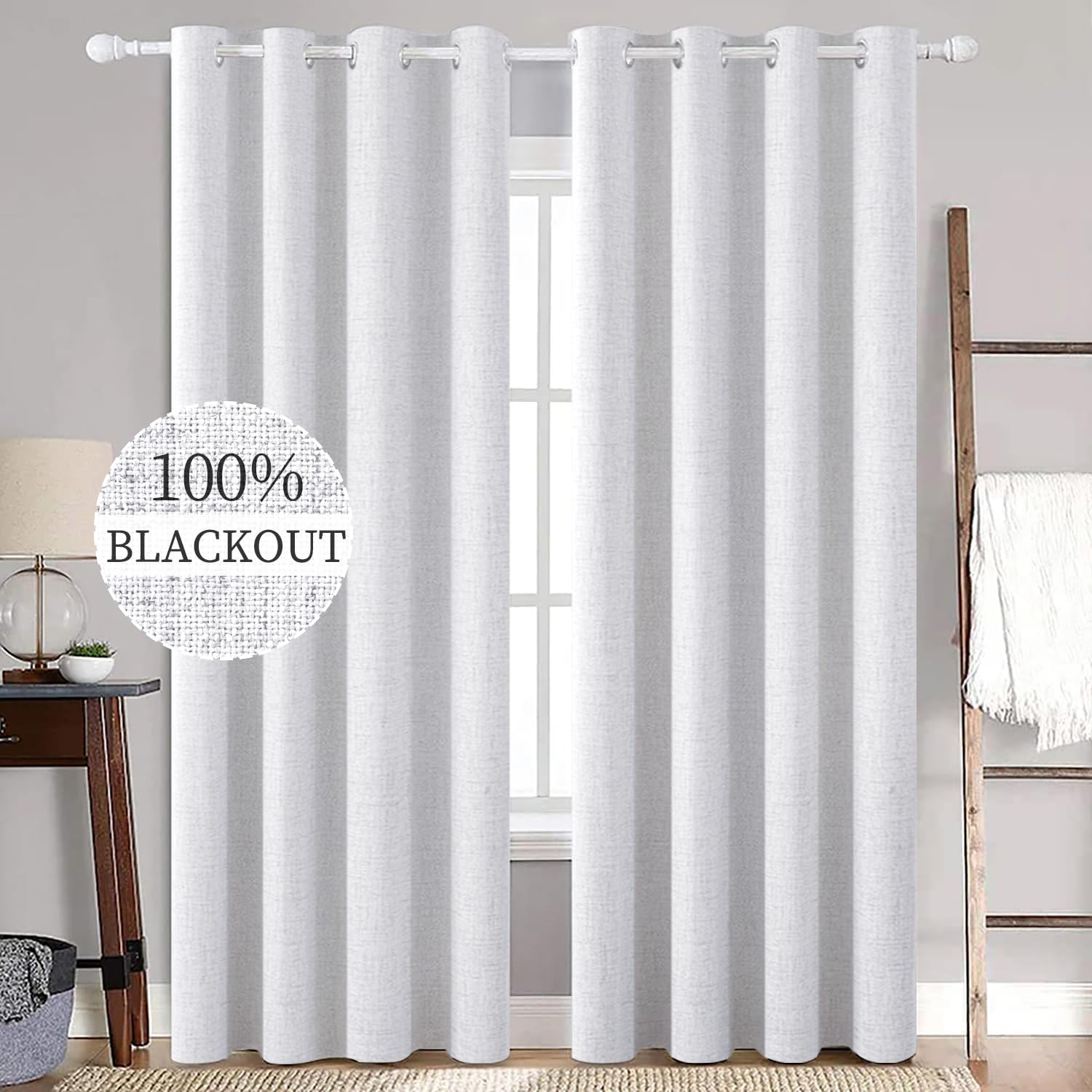 Photo 1 of *ONLY 1 PANEL* MIULEE Linen Texture 90 Inches Curtains for Bedroom 100% Blackout Thermal Insulated Grayish White Curtains Grommet Darkening Curtains for Living Room Nursery 52x90 Inch 
