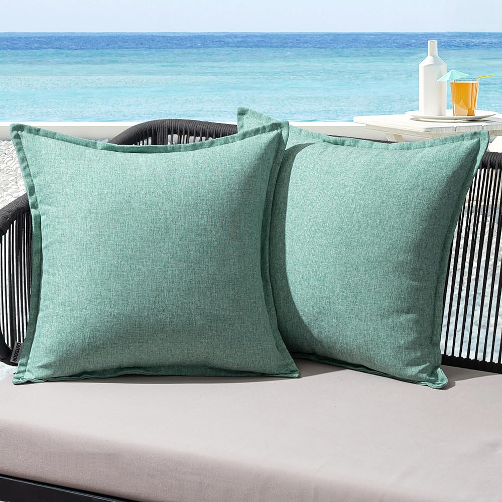 MIULEE Outdoor Cushions Waterproof Faux Linen Decorative Outside Cushion Covers Water Resistant for Garden Sofa Livingroom Chair Bedroom Tent Park Patio 40x40cm Set of 2 Blue Green