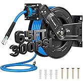 Retractable Air Hose Reel, 65ft x 3/8in Hybrid Air Hose (300PSI), Heavy Duty Compressor Hose Reel, Auto Rewind - Wall/Ceiling Mount for Workshops