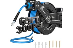 RELHOST Retractable Air Hose Reel, 65ft x 3/8in Hybrid Air Hose (300PSI), Heavy Duty Compressor Hose Reel, Auto Rewind - Wall/Ceiling Mount for Workshops