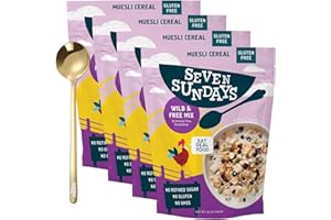moofin Seven Sundays Cereal Wild Free Blueberry Chia Muesli Cereal, 12oz Resealable Pouch, Gluten-Free muesli, with chia cereal, Non-GMO, No Refined Sugar, Includes Moofin Golden SS Spoon (Pack of 4)