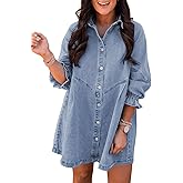 Sidefeel Womens Smocked 3 4 Sleeve Button Down Denim Jeans Dresses