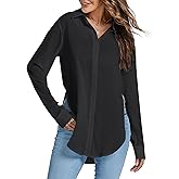 Rooscier Women's Sexy Sheer Collar V Neck Side Slit Long Sleeve Button Shirt Blouse Top