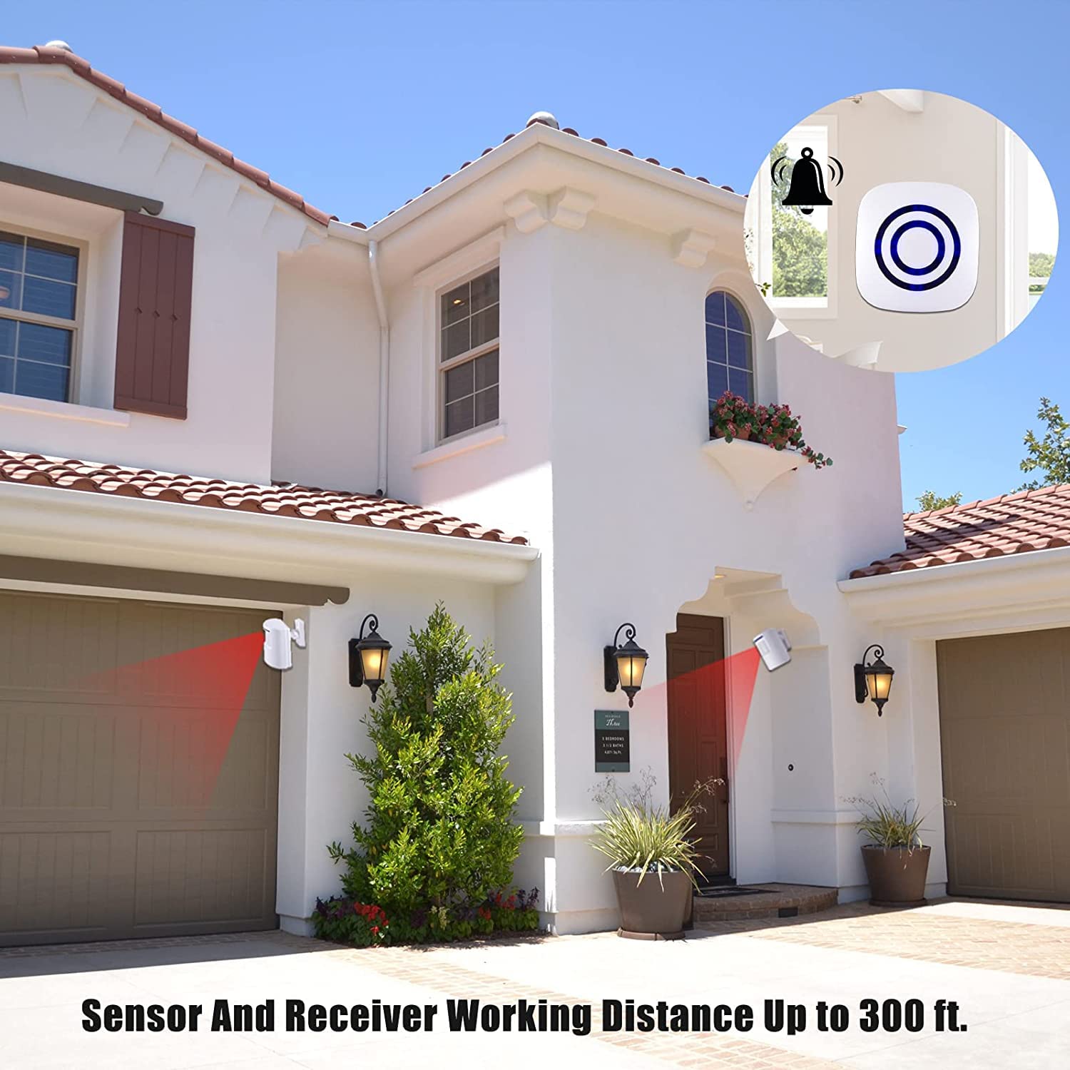Motion Sensor Alarm, Long Range Wireless Driveway Alarm, Indoor Home Security System Electric Doorbells, 4 Motion Detector and 2 Alarm, 38 Chime Tunes, LED Indicator