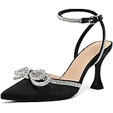 mysoft Women's Rhinestone Bow Pumps Wedding Dress Shoes Pointed Toe Ankle Strap Kitten Heels