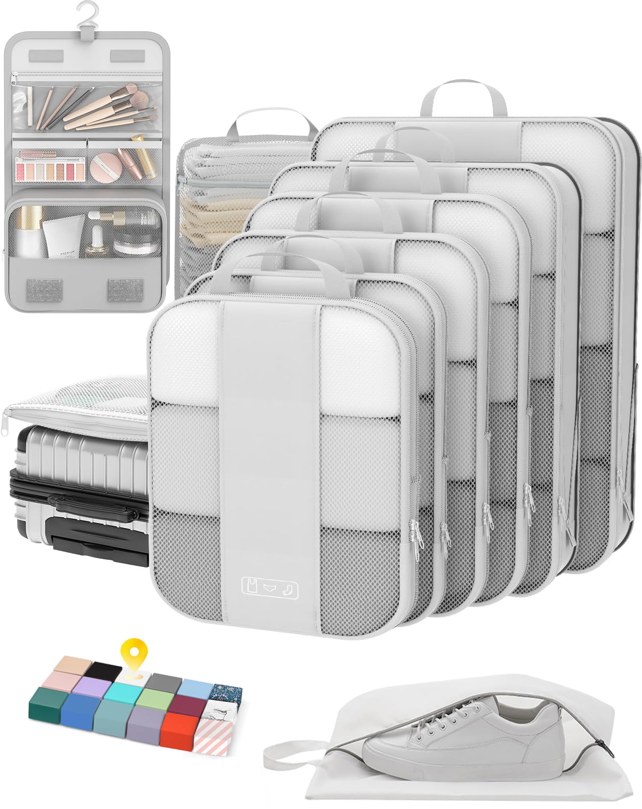 Photo 1 of 10 Set Compression Packing Cubes for Travel Essentials,Compressible Expandable Packing Cubes for Suitcase,OlarHike Luggage Organizer Bags for Travel,Handy Helper for Organizing Clothes(White)