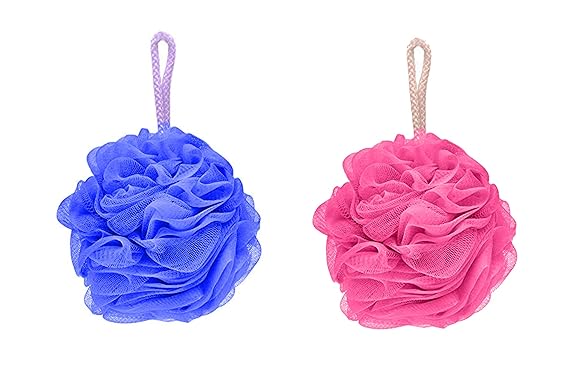 Majik Combo Of 2 Pcs Sponge Body Exfoliated Mesh Puff Loofah For Gentle Cleaning Body Scrubber For Kids And Adults Pink Blue 20 Grams Pack Of 1
