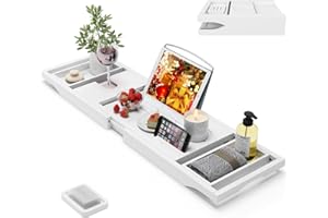 BAMBUROBA Foldable Bamboo Bathtub Caddy Tray Expandable for Luxury Bath, Bath Accessories & Table with Wine Glass Holder, Book Stand Bathroom Organizer with Extending Sides for Men/Women,White