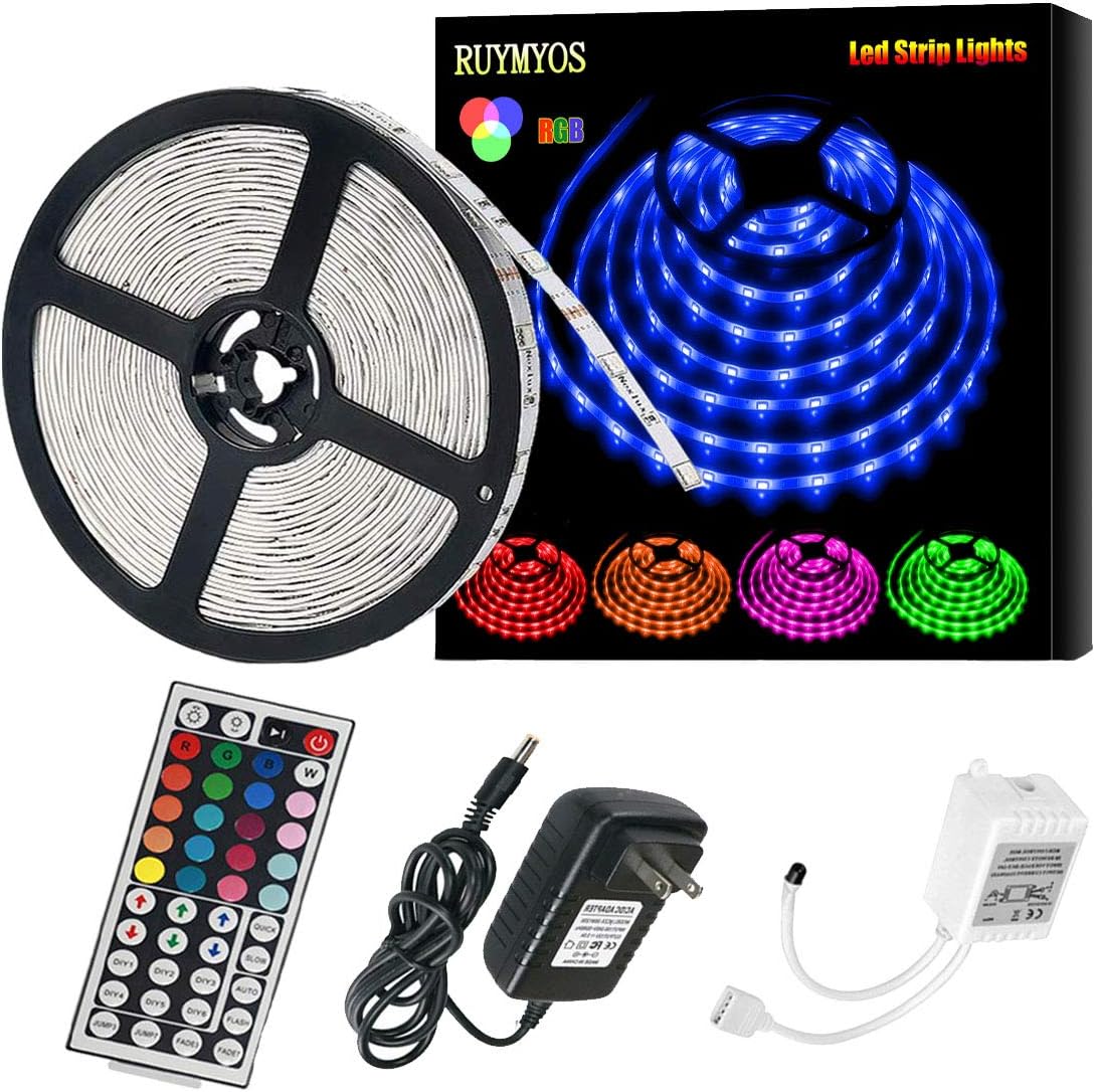 Led Strip Lights, RUYMYOS 12V 5050 RGB Light Strips, 16.4FT(5M) 150LEDs Rope Tape Lights, Non-Waterproof, Led Lights, Color Changing Strip Lighting with Controller and Adapter for Room Cabinet TV
