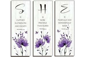 DONFENTHY 3 Pieces Inspirational Purple Floral Wall Decor Wooden Hanging Wall Art Christian Quotes SHE Word Sign Gift for Girl Teen Women Bedroom Bathroom Living Room Nursery Office (Purple 12x4 Inch)