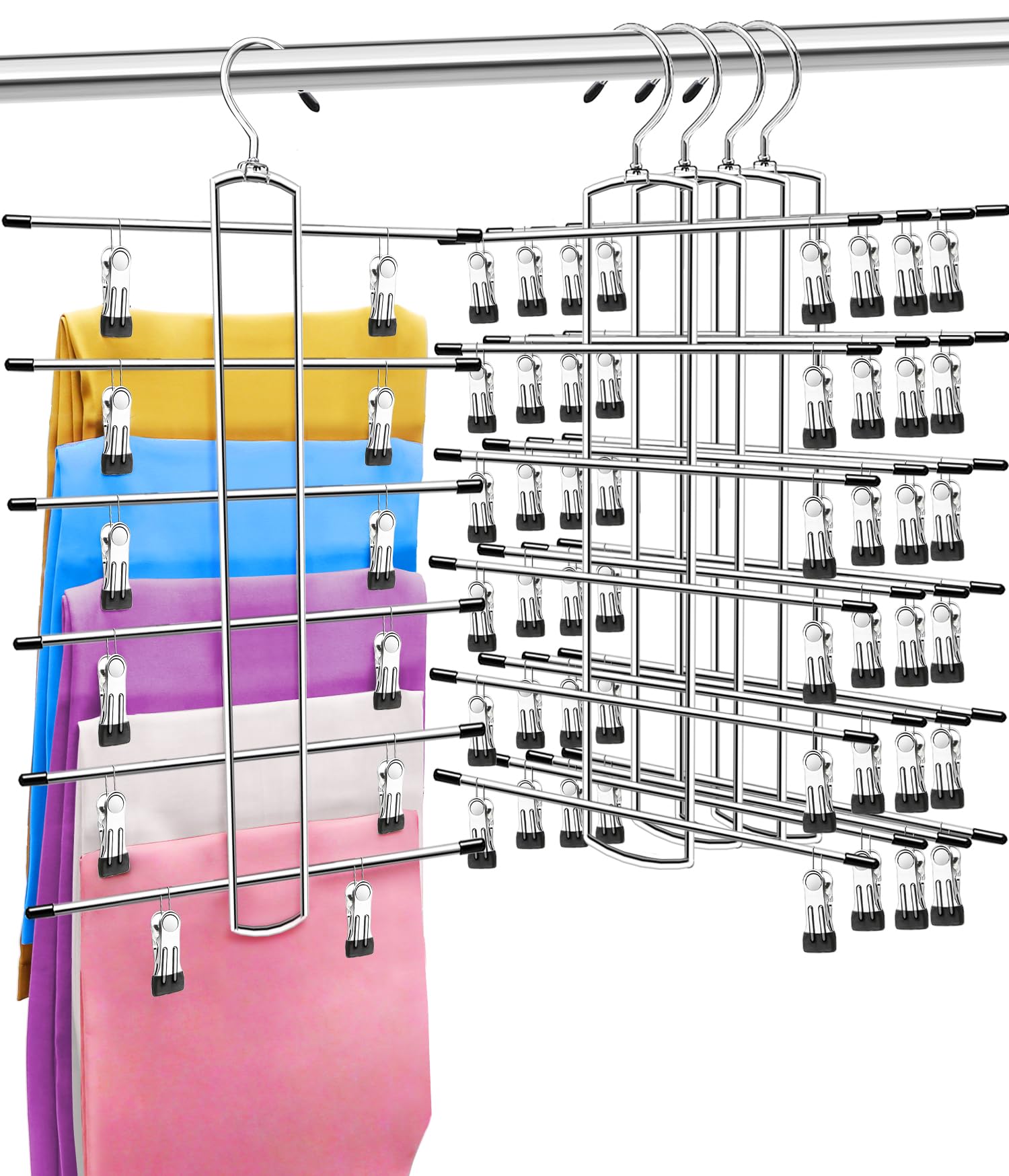 Photo 1 of 4 Pack Closet-Organizers-and-Storage, Metal Closet-Organizer-Pants-Hangers-Space-Saving, 6 Tier Organization and Storage Short Skirt Hangers Clip, Dorm Room Essentials for College Students Girls Boys