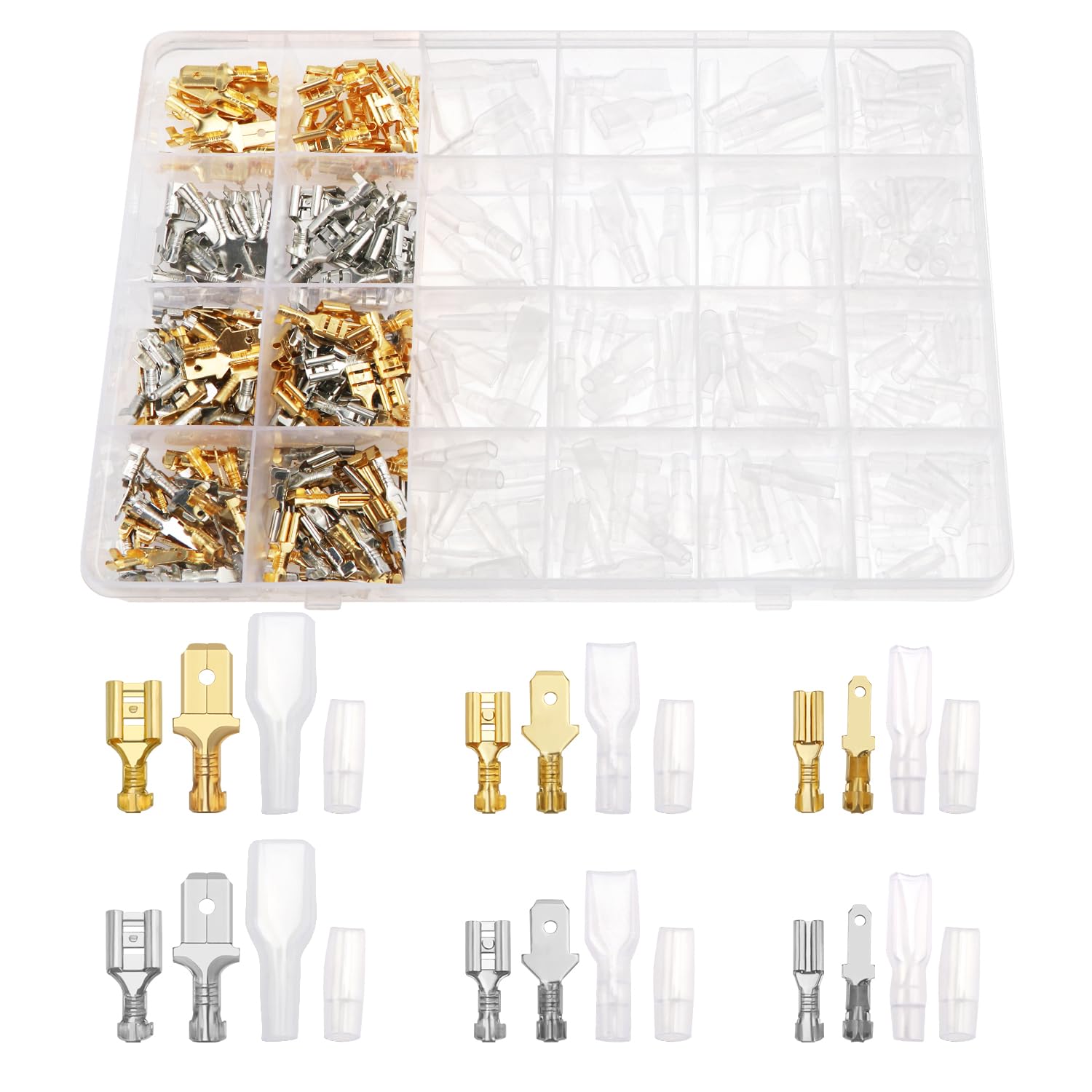 YIXISI 440 PCS 2.8mm 4.8mm 6.3mm Male and Female Wire Spade Connector Kit, Electrical Crimp Terminal Block Assortment Kit, with Insulating Sleeve, for Electrical Wiring Car Audio (Golden + Silver)