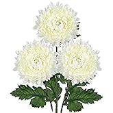 Hollyone 3Pcs Fake Mums Flowers White Artificial Chrysanthemum Flowers Silk Long Stem Floral Arrangements Bouquets Faux Spider Mum Flower Pincushion Flower Bush Spring Home Decor