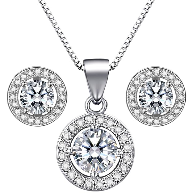 Lydreewam Schmuckset Silber 925 Damen Ohrstecker Ohrringe 18' Anhänger Halskette mit 3A 6mm Zirkonia Muttertag Geschenk