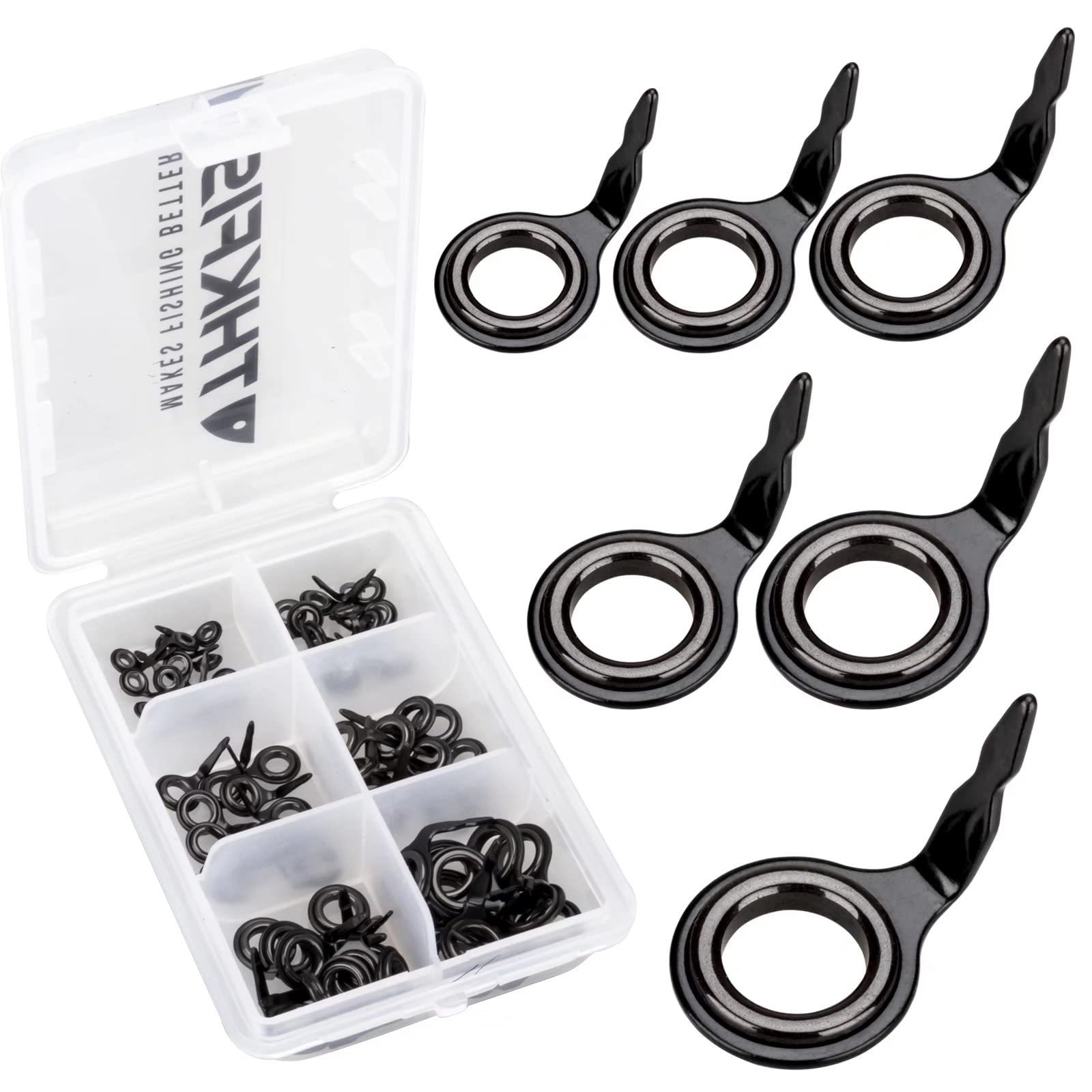 THKFISH Rod Repair Kit Rod Tip Repair Kit Ceramics Tips Stainless Steel Carbon Spinning Rod Guides Fishing Rod Repair Kit BLACK-60PCS