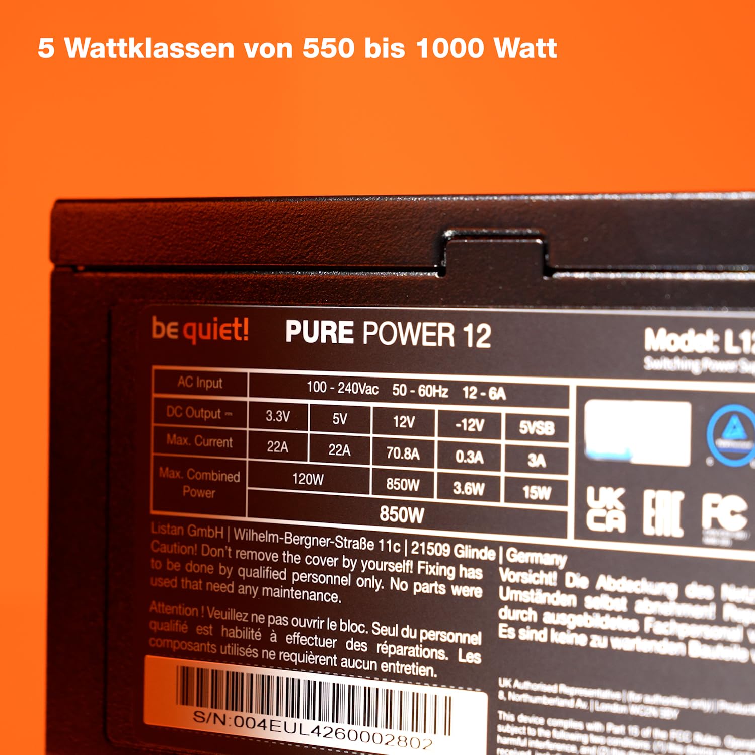 be quiet! Pure Power 12 850W Netzteil, 80 Plus® Gold Effizienz, ATX 3.1 mit voller Unterstützung für PCIe 5.1 GPUs, außerordentlich leiser 120mm be quiet! Lüfter, LLC-Technologie 5