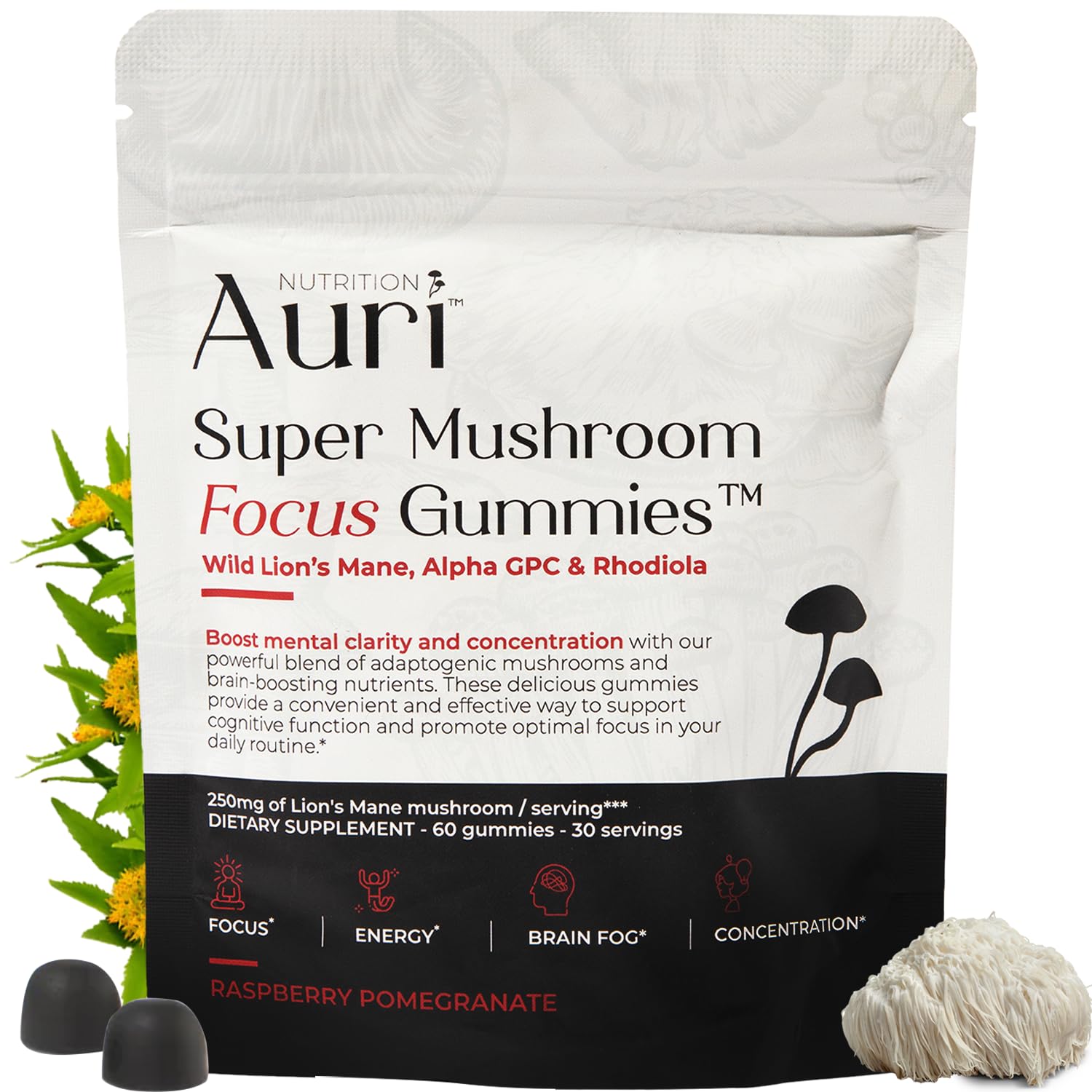 Auri Super Mushroom Focus Gummies - w/Lion's Mane, Alpha GPC & Rhodiola - Mushrooom Supplement to Support Cognitive Function, Mental Clarity, Focus & Energy | 60 Gummies, Vegan Friendly, Non GMOs