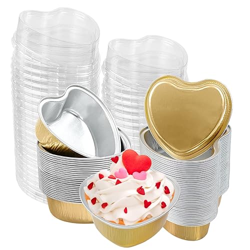 50Pcs Mini Heart Shaped Cake Pans with Lids,100 ml oz