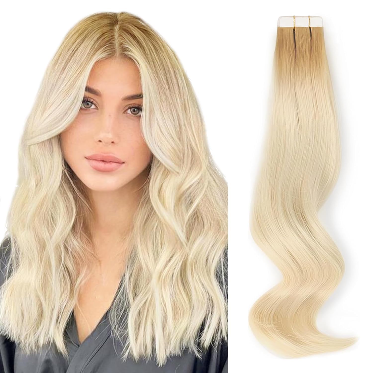 ABH AMAZINGBEAUTY HAIR Rooted Tape in Hair Extensions, Remy Human Hair, 20 Pieces 50 Grams, Platinum Blonde with Dirty Blonde Roots, 20 Inch — image 1