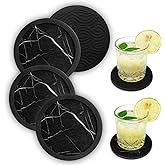 Set of 4 Non-Slip Silicone Coasters, Double-Sided Absorbent Cup Mats for Hot & Cold Drinks, Scratch & Water Ring Protection for Wood Tables, Home Office Bar Use (Black and White Marble Pattern)
