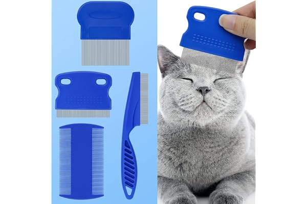 FUYIHGL 4-in-1 Pet Comb Set: Flea Lice Comb for Cats & Dogs, 4 Styles, All Hair Types, Blue