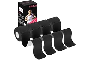 REFUN Kinesiology Tape Precut (4 Rolls Pack), Elastic Therapeutic Sports Tape for Knee Shoulder and Elbow, Pain Relief, Waterproof, Latex Free, 2" x 16.5 feet Per Roll, 20 Precut 10 Inch Strips Black