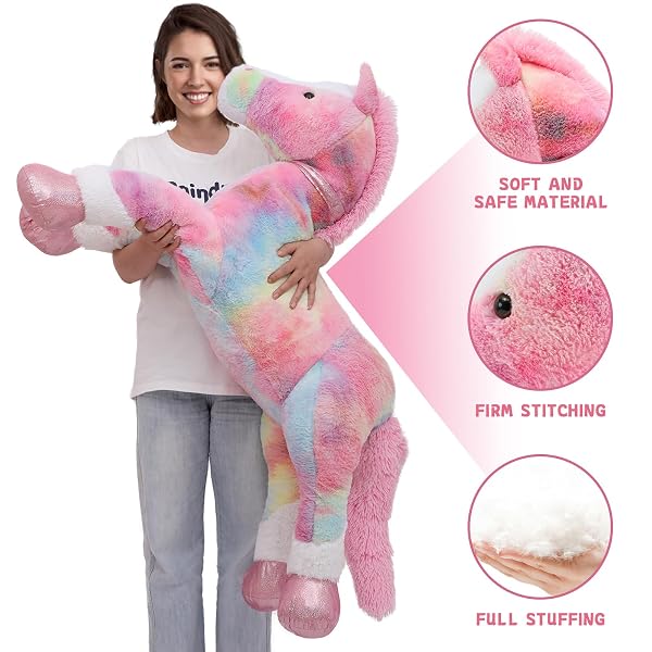 TEZITUOR 47 INCH LARGE HORSE STUFFED ANIMAL TOY, 4FT TIE-DYE PINK HORSE PONY PLUSH TOY, HUGGING SOFT HORSE PLUSH PILLOW FOR KIDS ADULT